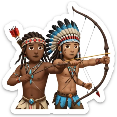 Black American man dark brown with dreads with a American Indian headdress shooting a bow and arrow at a native Indian while they run sticker