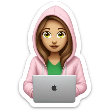 a girl with brown long hair, light beige skin, green eyes, is working relaxed at a modern laptop in a monochrome pale pink zip hoodie with a hood and a pink monochrome T-shirt sticker