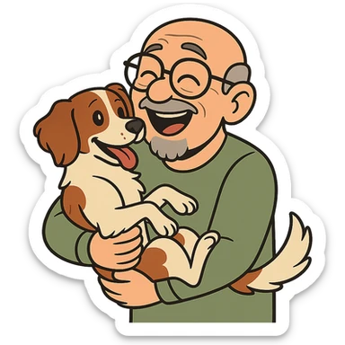 cartoon style bald old man with round glasses and grey goatee holding a Brittany Spaniel, joyful and loving sticker