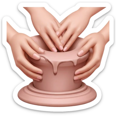 hands performing palm hug gesture on a pink mound of clay on a silver pottery wheel, gently hugging the clay to maintain moisture sticker