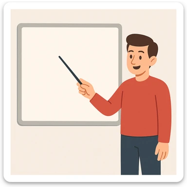 flat toon style man pointing with a stick at the white board sticker