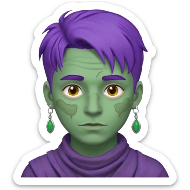 purple haired man with full full face dirty messy green clay mask and earrings sticker