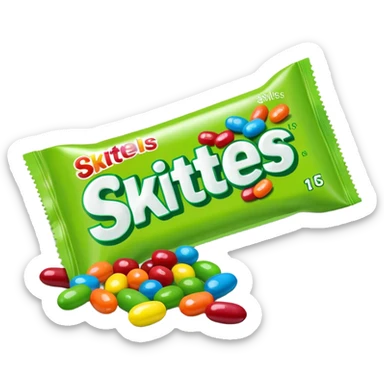 A pile of green Skittles candies next to a colorful Skittles package. Simple minimalist design. sticker