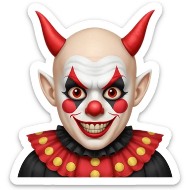 Crea un payaso que tenga toda la parte de la cara pintada de blanco que también de blanco esté la calva que no tenga pelo que tenga unas orejas como de duende, unos dientes picudos, unos cuernos de color negro y un traje de payaso rojo con negro sticker