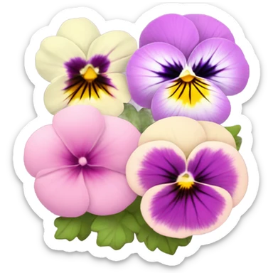 composition of aesthetically pleasing pink pansies, pastel daisies set against the background of a dark purple vintage-style perfume bottle  sticker