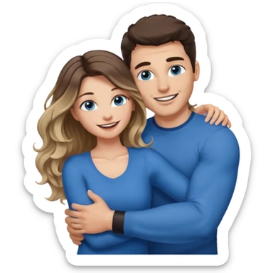 Women with blue eyes and very long, brown blond balayage curled hair in the arms of a man with strong arms a straight face, a very sexy man blue eyes. They are laughing at each other. He has dark brown hair: A fade haircut down to skin and is light skinned  sticker