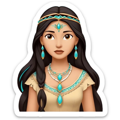 Cinematic Majestic Pocahontas Portrait Emoji, rendered in a clean, vector-style with bold shapes. Show Pocahontas with a serene, noble expression, radiant sun-kissed skin, and elegantly flowing dark hair, dressed in traditional garments with subtle turquoise accents. The design radiates a majestic, natural glow, high shine, and a soft glowing outline, capturing her regal beauty. sticker