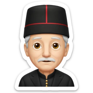 black suited old with fes hat sticker