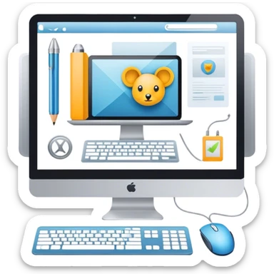 Modern icon for Web Design: computer screen with a website layout, design tools like a mouse and a stilus, web elements such as icons and wireframes. Transparent background. sticker