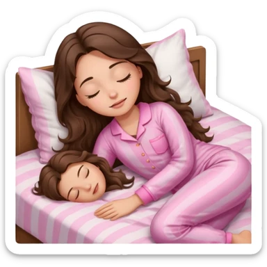 Brunette girl with long wavy brown hair with brown eyes and sleeping on a withe bed with cute pink pjs (just one whirl) and with closed eyes sticker
