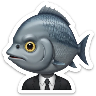 A fish man dressed in a black suit. Its face is grey fish sticker