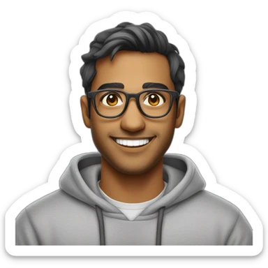 25 year old indian silicon valley creator economy startup founder smiling wearing glasses in a gray sweatshirt sticker