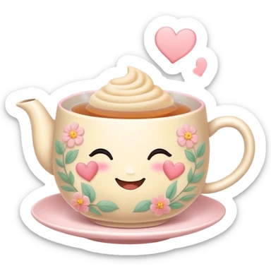 Cute Kawaii Tea Cup, steaming with warmth, a charming smiling face, soft pastel tones, delicate floral patterns, a tiny heart-shaped tea bag tag, cozy and inviting! sticker