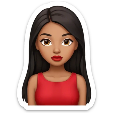 light brown skin tone, very beautiful woman, with big plump lips, long long lashes, black long straight hair, brown eyes, red dress sticker