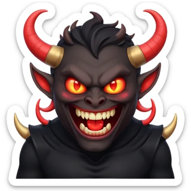 “Scary demon emoji, evil human-like laugh, black clothes, big curved horns, glowing red eyes, upper body visible till chest, dark mood, high detail, emoji style, clean background” sticker