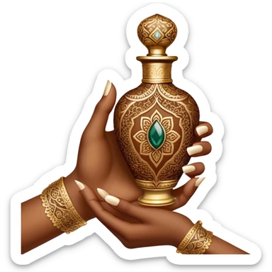A mesmerizing close-up of henna-adorned hands delicately holding an ornate perfume bottle. The deep, intricate henna patterns beautifully contrast against the soft skin, while the luxurious gold-embellished bottle exudes opulence and tradition. sticker