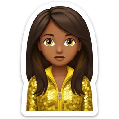 Sasha from Bratz with medium dark skin, long dark brown hair and yellow sequin outfit sticker