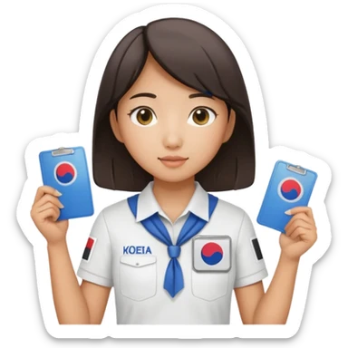 A young Asian guide holding her tour license in both hands, wearing a white shirt with the South Korea badge on her chest. sticker