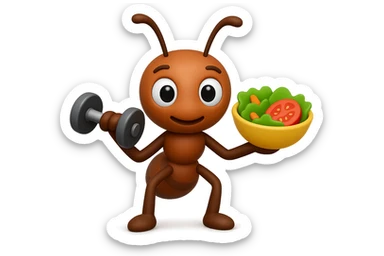 EMOJI STILE IPHONE 3D DI UNA formica CHE ha un manubrio da palestra nella mano destra e un insalata nella mano sinistra, FAGLI GLI OCCHI CON LA PARTE BIANCA, NON SOLO LA PUPILLA sticker