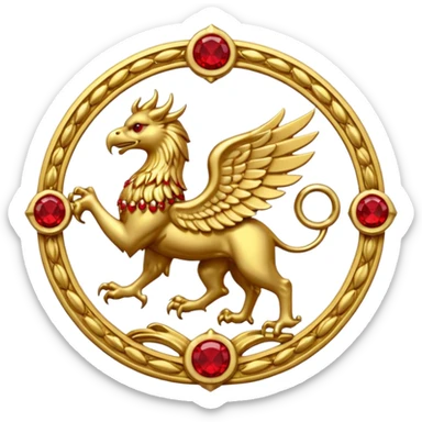 Golden griffin crest / brosch in a circle with red gems and no background sticker