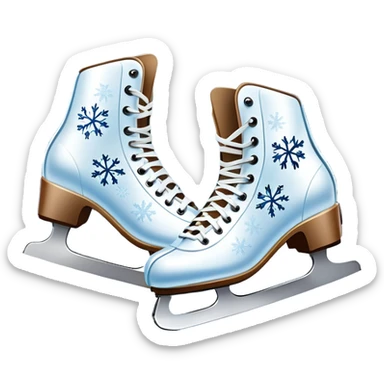 An icon showing In the background, twinkling lights, winter trees, and cheering spectators create a festive atmosphere. a pair of elegant ice skates gliding across a smooth, frozen rink with snowflakes in the air. Transparent background highlights the grace and charm of ice skating. sticker