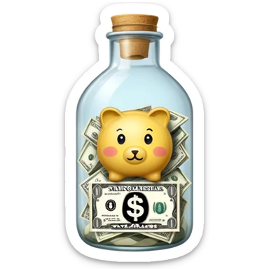 a big bottle glass labeled "savings" that contains dollars inside sticker