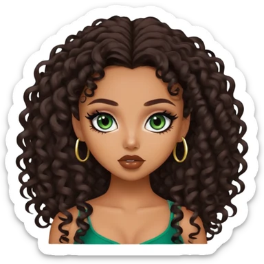 curly long dark brown hair, pretty lips, tan skin,  dark green eyes, pretty bratz baddie, black eyeliner sticker