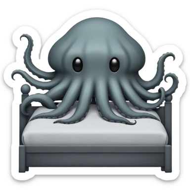 Minimalist emoji-style sticker of a bed with a covered figure and something strange peeking out from underneath. Grayscale only, simple icon.

 sticker