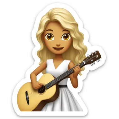 Chica de pelo café y piel blanca con un vestido blanco sosteniendo una guitarra sticker