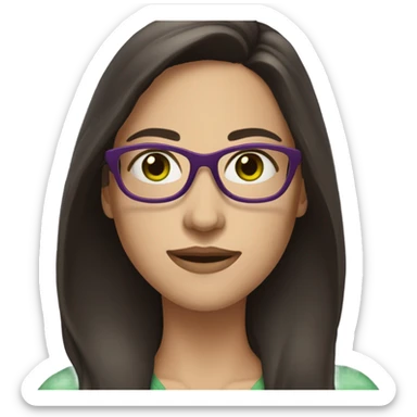 Woman with long dark brown hair and green eyes and fair skin and pruple glasses sticker