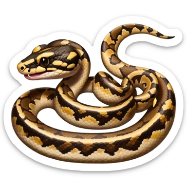 A close-up 3/4 view of the Ball Python with the front half raised slightly in an S-shape and its tongue flicking out. The head is angled curiously toward the viewer, showing both personality and motion. sticker