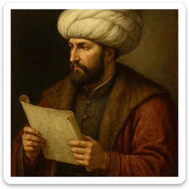 Fatih Sultan Mehmet, Ottoman sultan, holding a scroll, with a serious look, historical painting style sticker