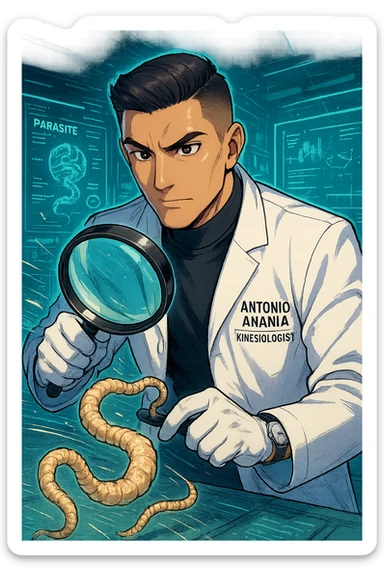 A dynamic manga/webtoon-style illustration of a young male kinesiologist wearing a clean white lab coat, analyzing light beige worms like a tapeworm under a magnifying glass. His expression is focused and slightly intrigued, with sharp, detailed eyes. The art style is vibrant, with bold linework, rich colors, and dramatic lighting. The background is a futuristic laboratory with glowing holographic screens displaying parasite data. The tapeworm is intricately drawn, slimy and segmented, with a slightly exaggerated yet realistic texture. The composition is dynamic, with motion lines or energy effects to emphasize his scientific investigation. The atmosphere is intense but not dark, keeping a balance between scientific seriousness and stylish manga aesthetics, he has "ANTONIO ANANIA" WRITTEN ON WHITE LAB COAT sticker