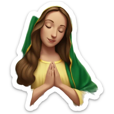 Virgin Mary: kind face looking down at the left, long brown hair, Wearing an emerald green  robe with gold stars and a burgundy red dress,  Hands in prayer or blessing. Halo around her head. standing in front of a big sun. colorful roses on the sides  sticker