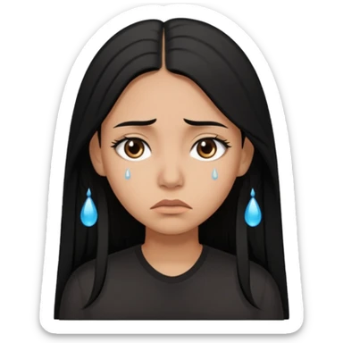 Sad crying woman with long straight black hair, brown skin tone, teardrops on face, worried eyebrows, neutral mouth sticker