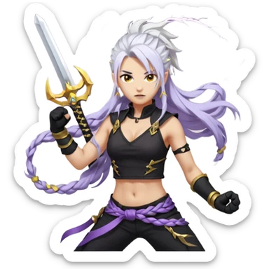 A sword maiden, mohawk, long braid white hair with lavender and tips long messy bangs one side, gold yellow eyes, black crop top, with both fighting gloves up in defensive ready pose, delivering a lightning quick vertical upwards front kick with volcanic force sticker