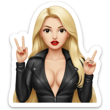 a hott good looking blonde with large breasts, red lips, and long blonde hair with leather sexy outfit and leather high heel boots and she is saying fuck you by giving the universal sign with her middle finger sticker