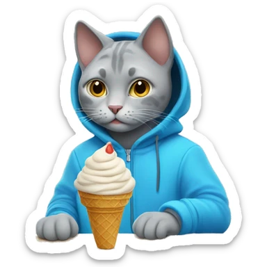 gray cat jumbo wearing blue hoodie and eat ice cream sticker