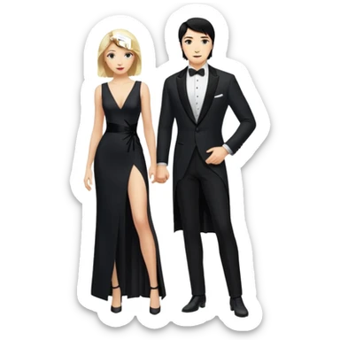 Blonde woman, black, Long, tight, sleveless Dress, Slot left Leg, man, black Hair, in Dinner jacket, Background ballroom sticker