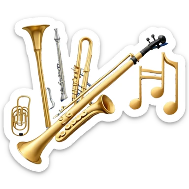Create an elegant and artistic emoji that represents music arrangement and orchestration. The design should feature a conductor's baton, musical scores, and various orchestral instruments (e.g., violin, trumpet, electric guitar, synthesizer). Incorporate flowing lines to represent harmony and orchestral balance, along with a subtle representation of sheet music. Use rich, classical colors like gold, silver, or deep blue, and create an atmosphere of sophistication and precision. The background should be transparent. sticker