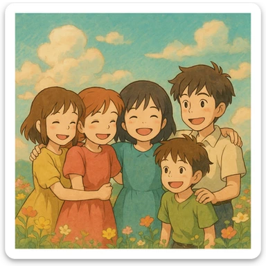 A close-knit group of three girls and two boys, arms around each other, in a Ghibli-inspired photo with dreamy backgrounds and expressive faces. sticker