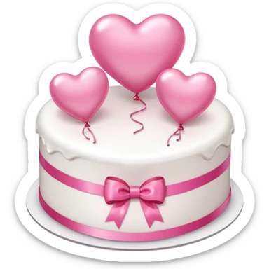 white heart shaped birthday cake with pink bow, pink balloons in background  sticker