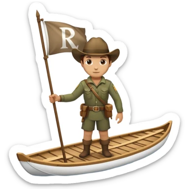 ranger on a wooden raft with a white flag on its mast sticker