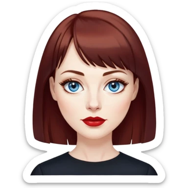 Woman in her late 40s with pale skin, wider face, blue eyes with eyeliner, thin eyebrows, small nose, red lipstick, dark auburn hair with bangs, wearing a black top sticker