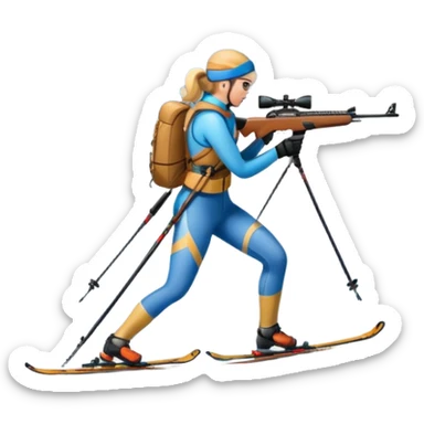 An icon featuring a biathlete skiing along a winding trail with a rifle on their back, surrounded by a beautiful snowy landscape with mountains and pine trees. A target range appears in the distance. Transparent background highlights the blend of endurance, precision, and winter beauty. sticker