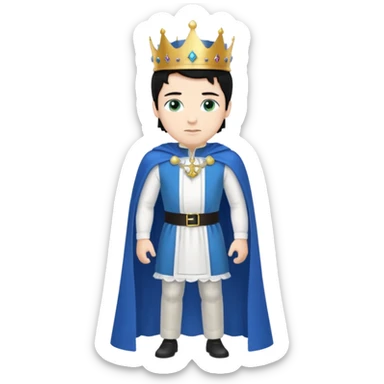 Prince with crown, blue cape and trousers, body and legs, black hair, blue eyes and maid, blonde hair, green eyes, sexy white short sleveless dress,  sticker