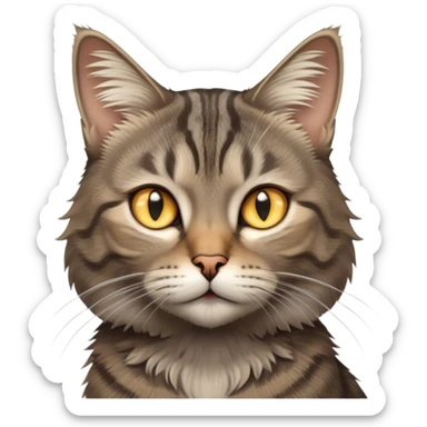 cinematic-[grey brown tabby cat]-realistic-emoji,-head-tilted-dramatically,-scruffy-[grey]-fur,-simplified-yet-realistic-focused-features,-highly-detailed,-glowing-with-an-almost-sarcastic-glow sticker