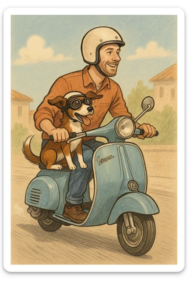 man and his pet dog riding a vespa sticker