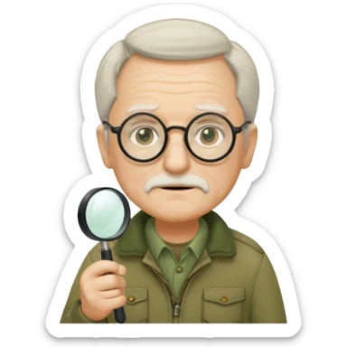 old man in beige moss green explorer outfit, wear black glass, hat, holding magnifying glass sticker