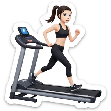 A girl with fair skin and a caring blush. Her eyes are big, expressive, blue. Her hair is long, straight, dark brown. 

 in a ponytail 

running on a treadmill, she is wearing black leggings and a black sports bra sticker